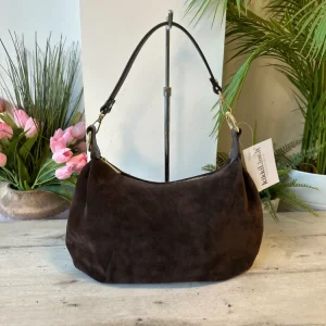 Borsa Spalla Anelli Dorati Pelle Scamosciata Marrone Cioccolato Plissettata