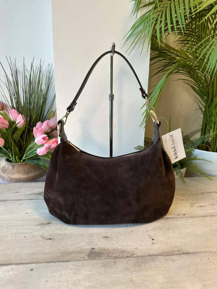 Borsa Spalla Anelli Dorati Pelle Scamosciata Marrone Cioccolato Plissettata