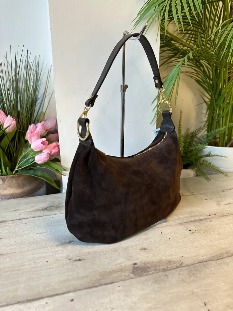 Borsa Spalla Anelli Dorati Pelle Scamosciata Marrone Cioccolato Plissettata