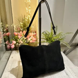 Borsa Spalla Vera Pelle Scamosciata con Anelli Shopping Bag Nera MILVA