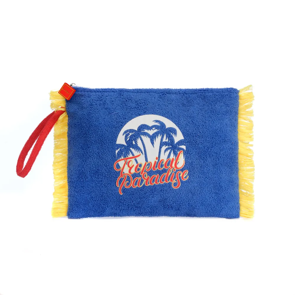 Busta Grande Spugna Blu Tropical Paradise – Pochette Mare Capiente con Zip e Frange