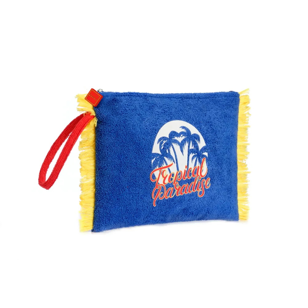 Busta Grande Spugna Blu Tropical Paradise – Pochette Mare Capiente con Zip e Frange
