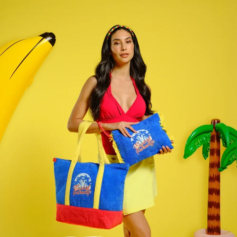 Busta Grande Spugna Blu Tropical Paradise – Pochette Mare Capiente con Zip e Frange