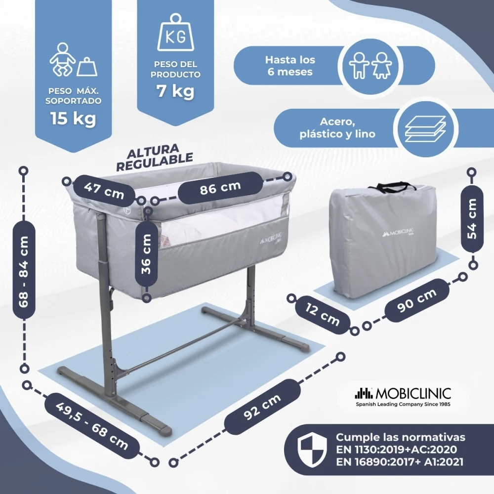 Culla co-sleeping | Altezza regolabile | Apertura laterale | Fino 15 kg | Borsa per il trasporto | Moon | Mobiclinic