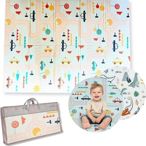 Family Nation-Tappeto Gioco Pieghevole Montessori 2 1 Reversibile e Morbido - Dino Friends -