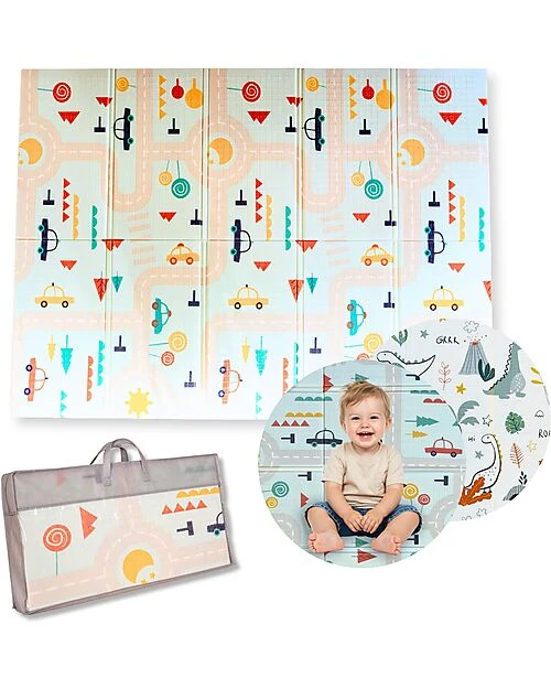 Family Nation-Tappeto Gioco Pieghevole Montessori 2 1 Reversibile e Morbido - Dino Friends -