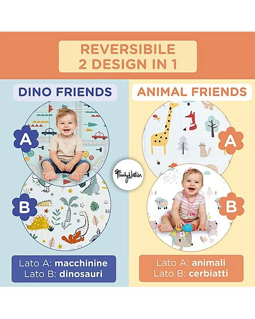 Family Nation-Tappeto Gioco Pieghevole Montessori 2 1 Reversibile e Morbido - Dino Friends -
