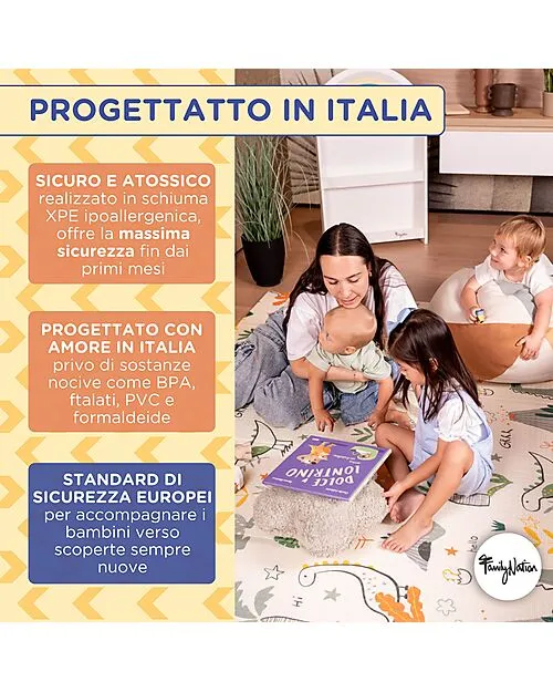 Family Nation-Tappeto Gioco Pieghevole Montessori 2 1 Reversibile e Morbido - Dino Friends -