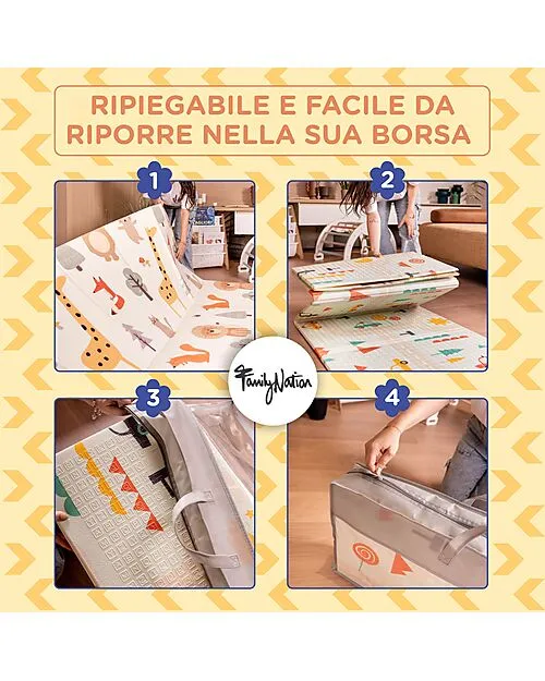 Family Nation-Tappeto Gioco Pieghevole Montessori 2 1 Reversibile e Morbido - Dino Friends -