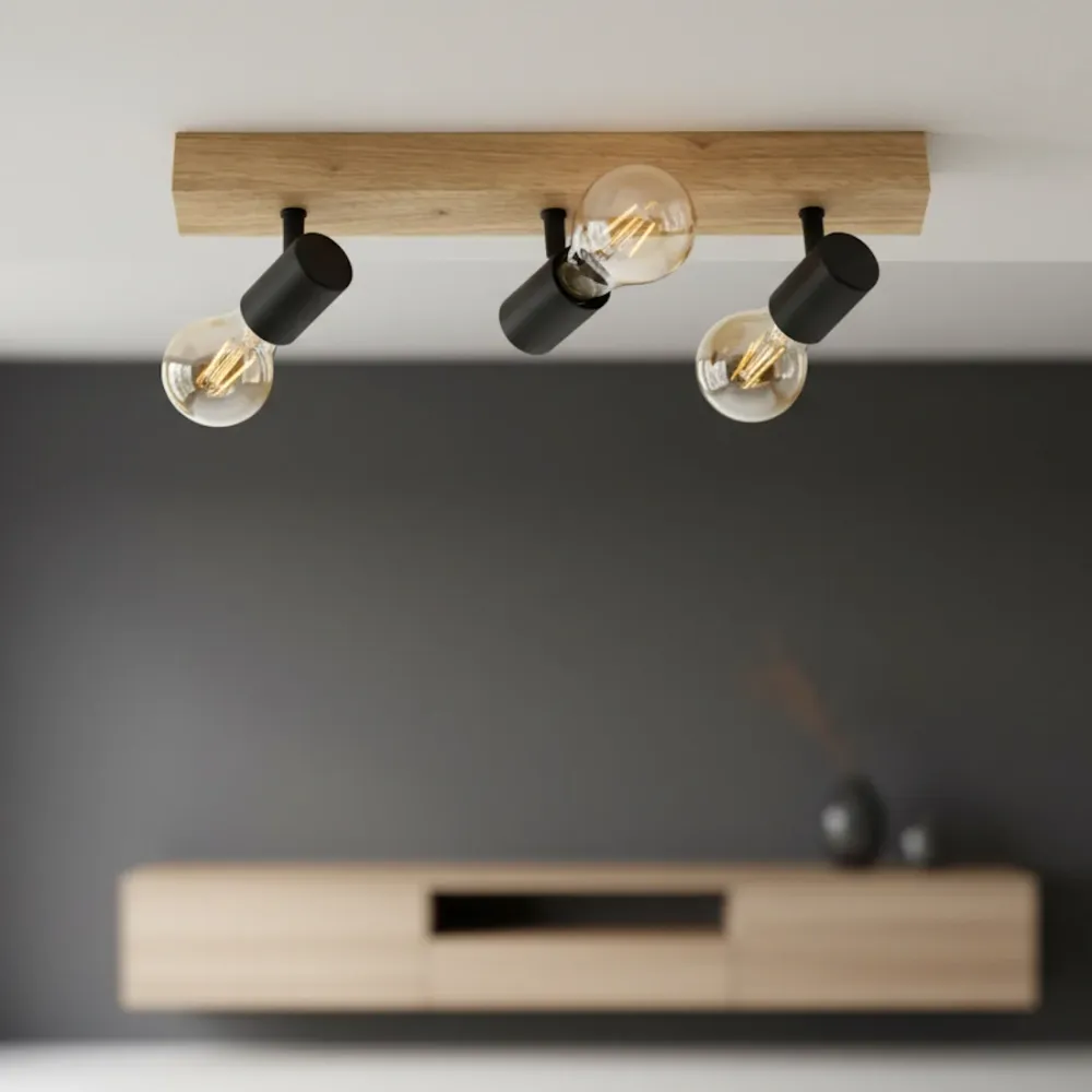 Faretto 3 Luci Orientabile Scandinavo Legno E Metallo Nero E27 48 cm