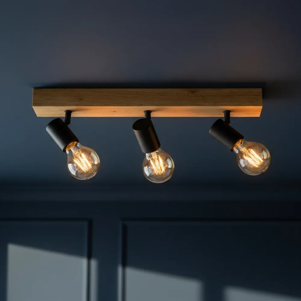 Faretto 3 Luci Orientabile Scandinavo Legno E Metallo Nero E27 48 cm