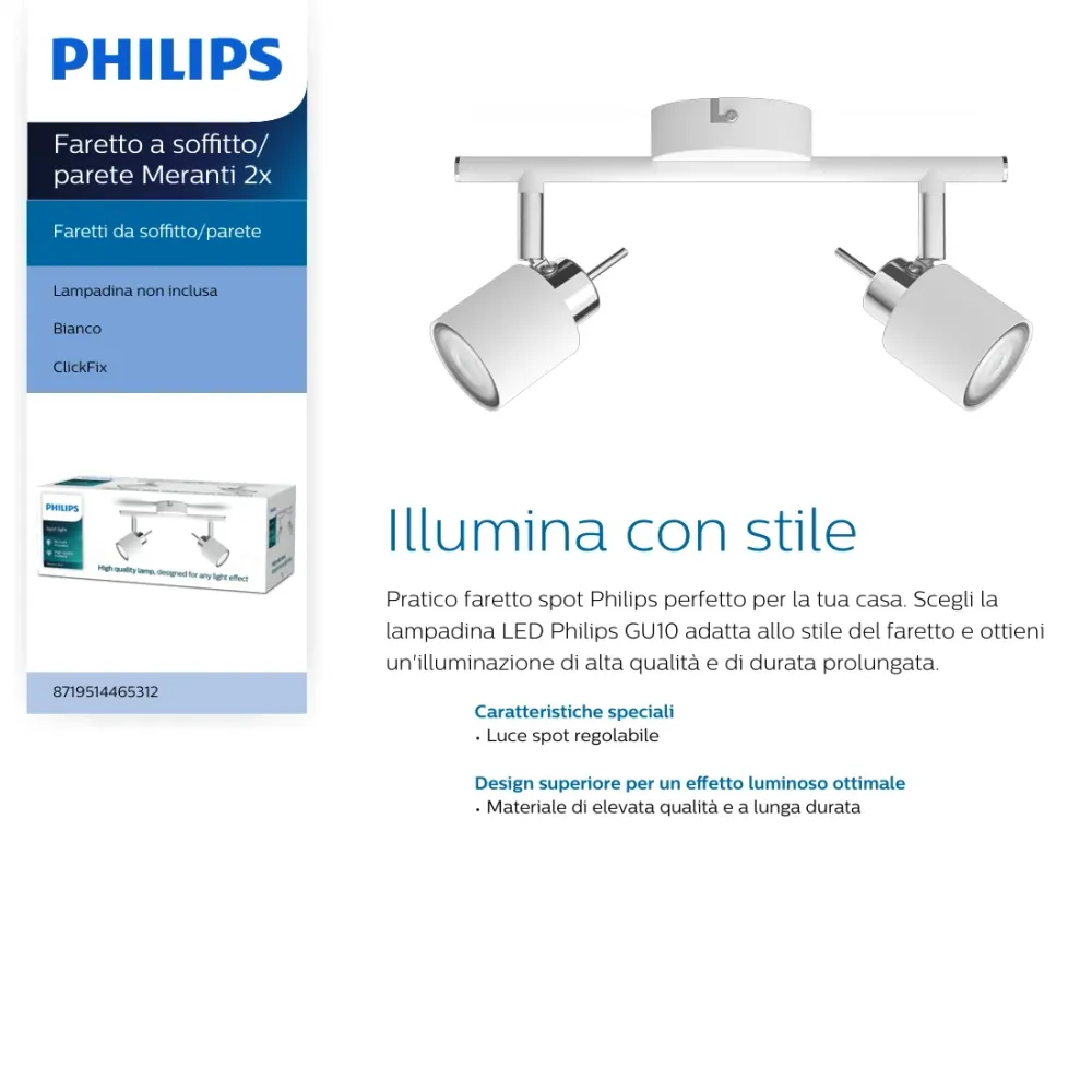 Faretto Orientabile Soffitto o Parete 2 Luci Acciao Satinato – Serie Meranti Philips Stile Moderno