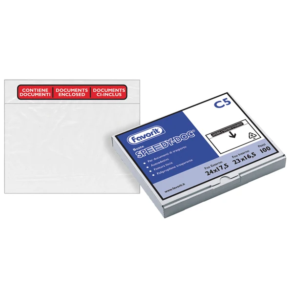 FAVORIT - 100500098 - Busta adesiva Speedy Doc - con stampa "contiene documenti" - C5 (23 x 16,5 cm) - LDPE - trasparente...