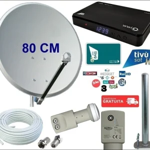 Kit satellitare da 80 CM per ricezione canali Tivùsat con decoder WWIO UNICO ed LNB Twin con Sat Finder e Bussola integrati