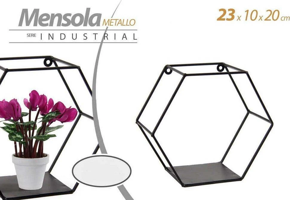 Mensola Esagonale Bacheca Parete Metallo Classico Moderno Nero 23x10x20cm 822193
