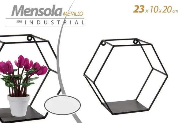 Mensola Esagonale Bacheca Parete Metallo Classico Moderno Nero 23x10x20cm 822193