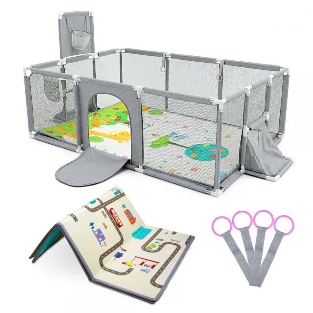 Parco giochi per bambini | Tappeto | 128x233cm | Anelli | Canestro e rete da calcio | Borsa per il trasporto | Mobiclinic
