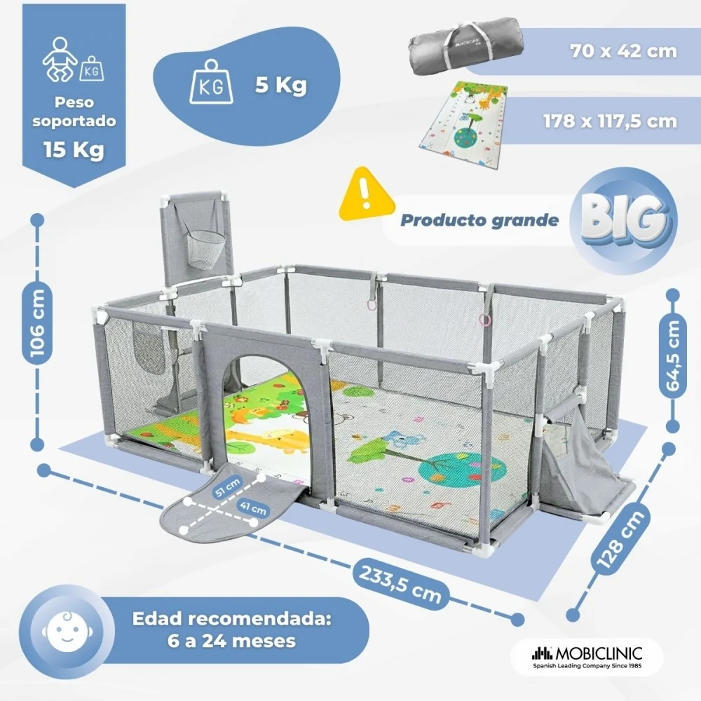 Parco giochi per bambini | Tappeto | 128x233cm | Anelli | Canestro e rete da calcio | Borsa per il trasporto | Mobiclinic