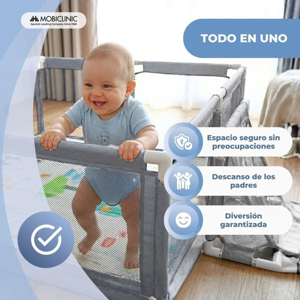 Parco giochi per bambini | Tappeto | 128x233cm | Anelli | Canestro e rete da calcio | Borsa per il trasporto | Mobiclinic
