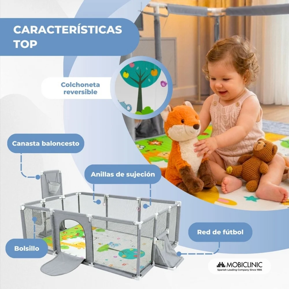 Parco giochi per bambini | Tappeto | 128x233cm | Anelli | Canestro e rete da calcio | Borsa per il trasporto | Mobiclinic