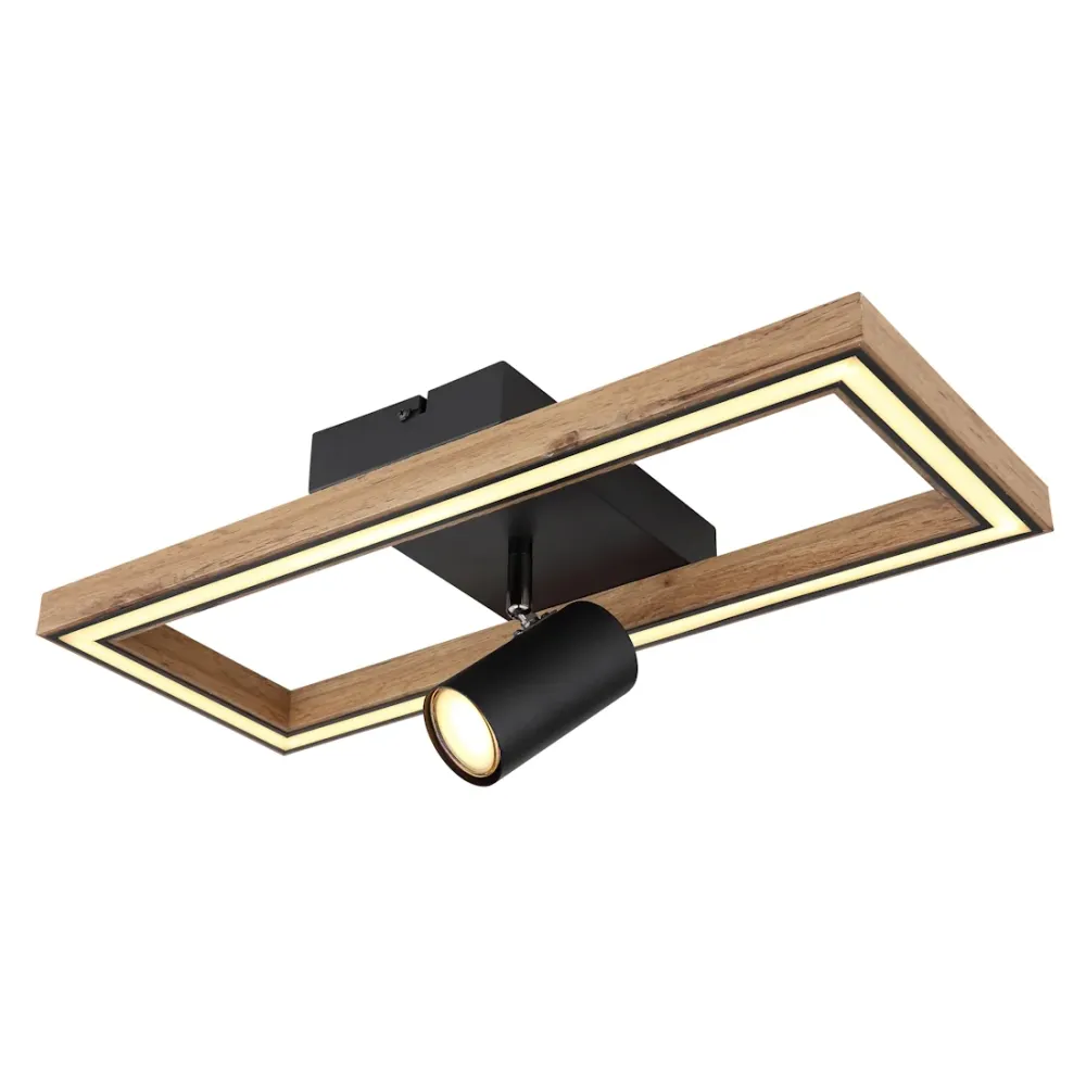 Plafoniera LED Moderna, Metallo Nero e Legno, 16W 1800 Lumen con Faretto Orientabile 5W, Luce Calda 3000K