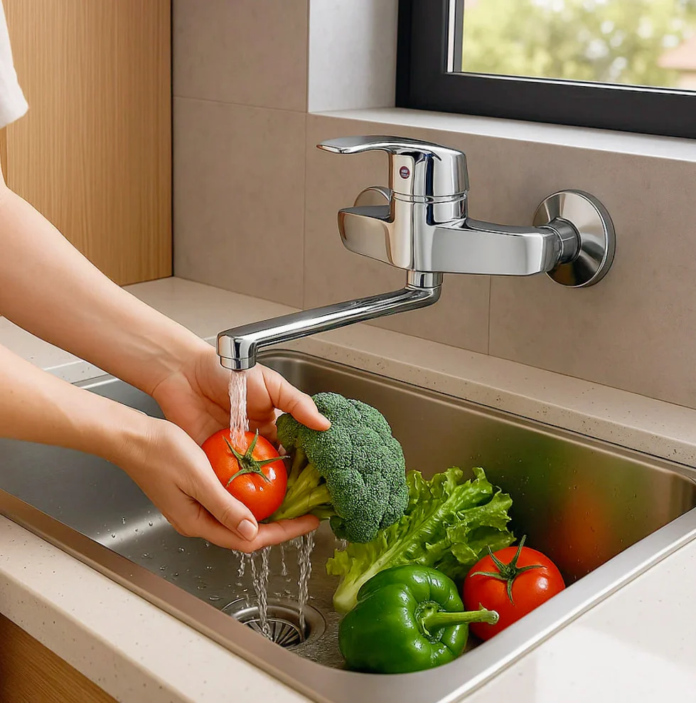 Rubinetto per cucina parete miscelatore canna lunga orientabile - design moderno