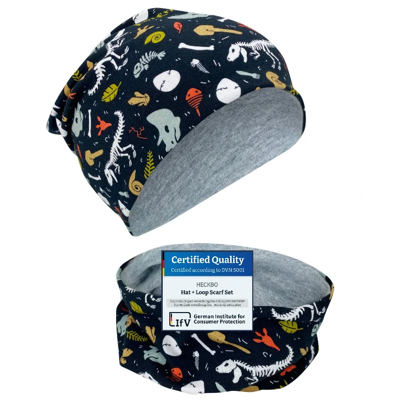 Set cappello e sciarpa tubo per bambini con scheletro di dinosauro, reversibile, 2-8 anni
