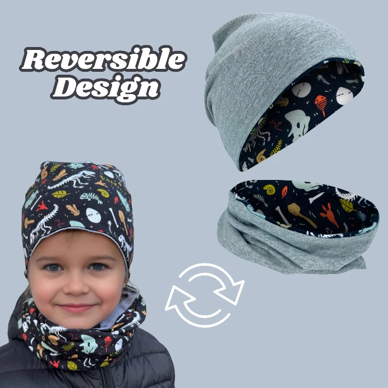 Set cappello e sciarpa tubo per bambini con scheletro di dinosauro, reversibile, 2-8 anni
