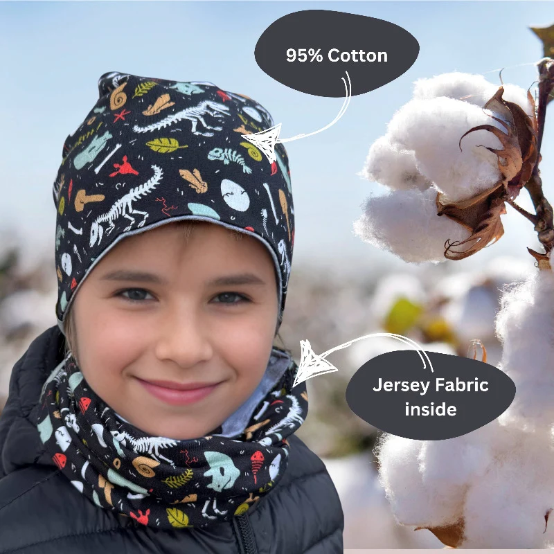 Set cappello e sciarpa tubo per bambini con scheletro di dinosauro, reversibile, 2-8 anni