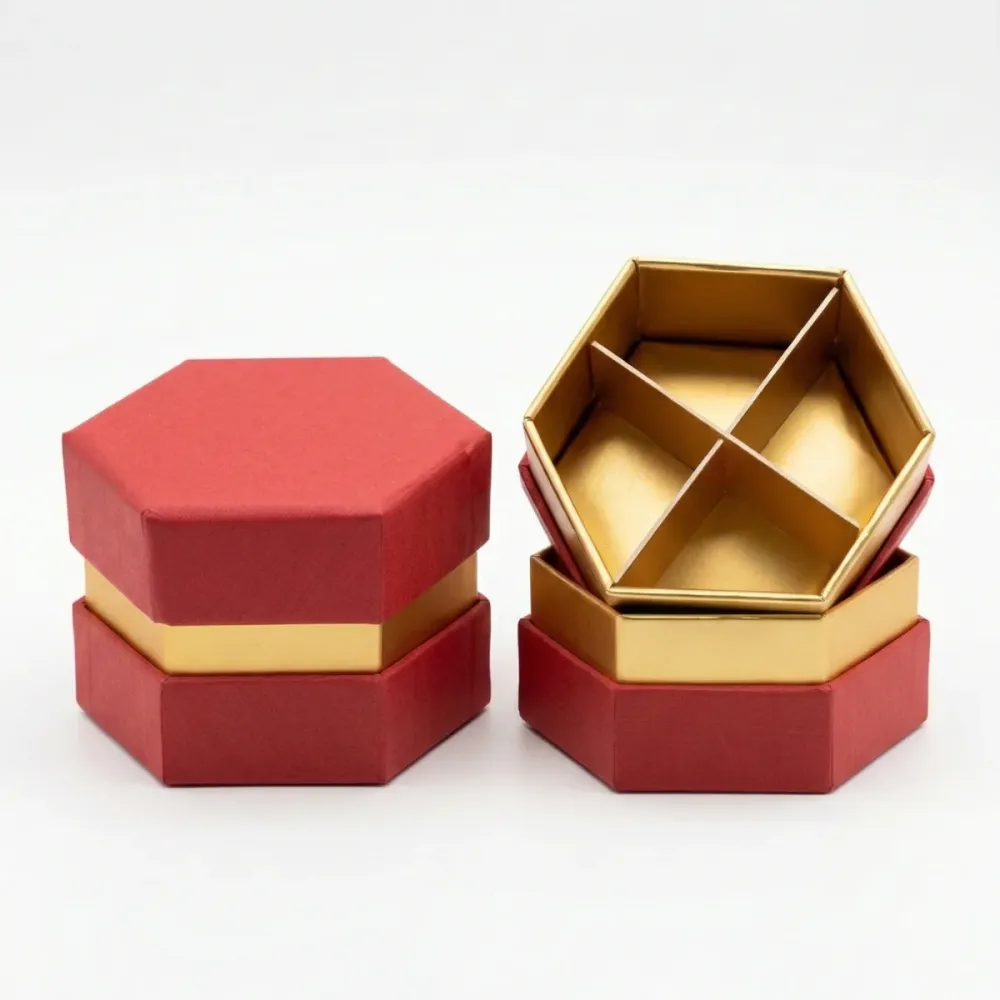 SudTime - Mini Scatola Esagonale Con Divisorio Carta Rossa - 7.5x7.5x5.5 (MINIMO 10PZ)