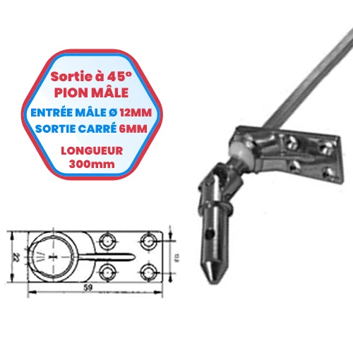 Uscita perno maschio 45° - ingresso maschio 12 mm - uscita quadrata 6 mm - lunghezza 300 mm