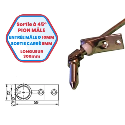 Uscita perno maschio 45° - ingresso maschio 10 mm - uscita quadrata 6 mm - lunghezza 300 mm - fissaggio 2 viti