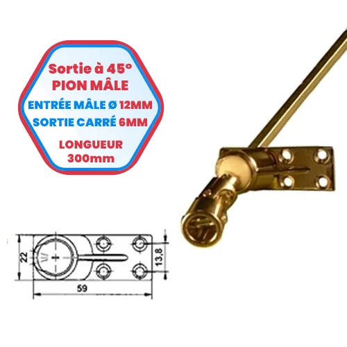Uscita perno maschio 45° - ingresso maschio 12 mm - uscita quadrata 6 mm - piastra di montaggio zamac 17 x 73 mm