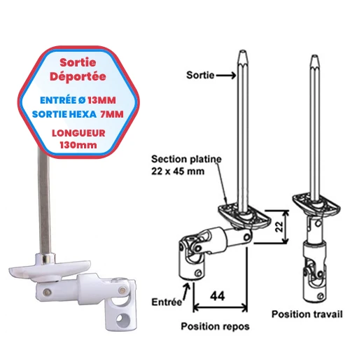Uscita scatola decentrata - Ingresso Ø 13 mm - Uscita esagonale 7 mm - Lunghezza 130 mm